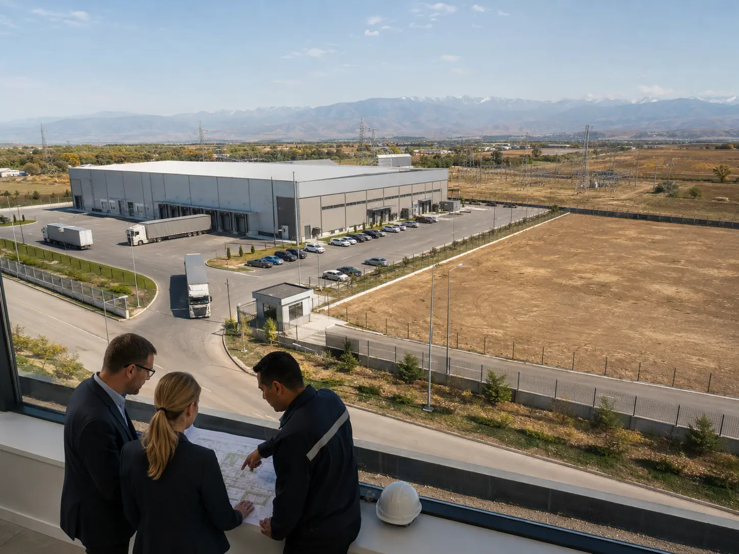 Investor-side specialists reviewing an industrial asset, utilities and expansion land in Kazakhstan